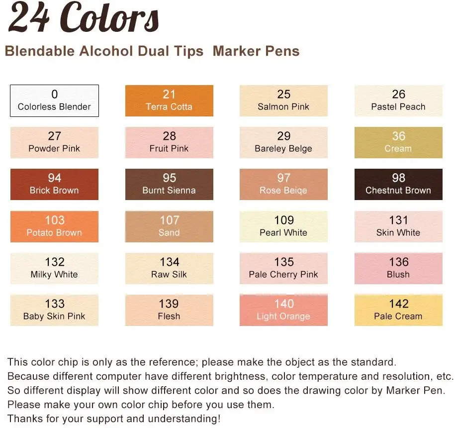 Color Marker Pens 24 Color Skin Brown Series for Portrait Sketch Drawing Paint Art Design School Animation Mango Supply