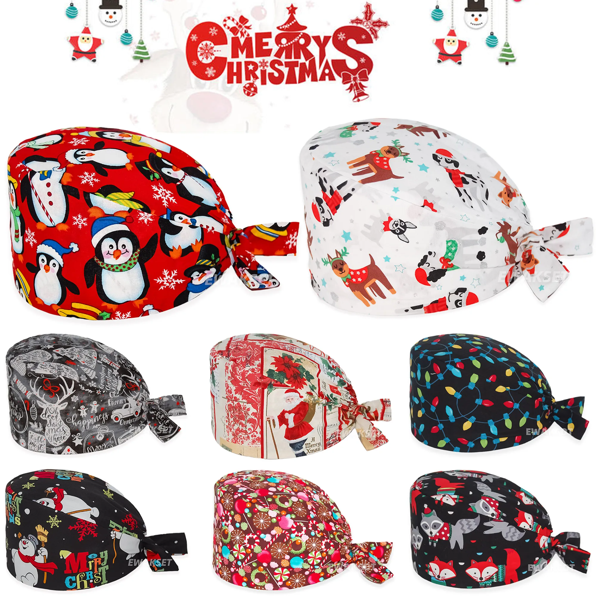 Christmas Cartoon Print Ladies Nurse Cap Surgical Cap Pet Hospital Surgeon Dentist Beauty Salon Pharmacy Scrub