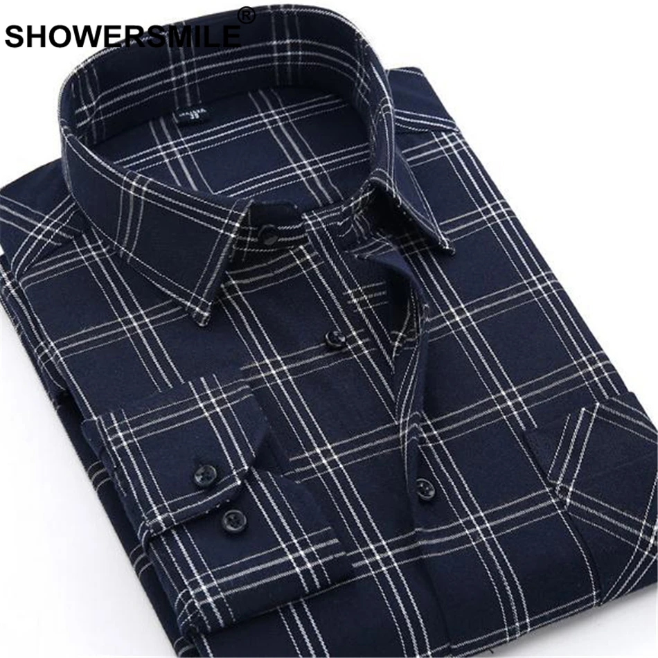 SHOWERSMILE Men's Slim Fit Checkered Flannel Shirt - Long Sleeve Plaid Pattern for Autumn Winter Clothing image 4