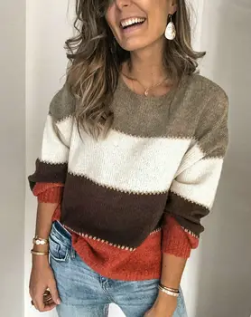 

Women Fluffy Autumn Winter Contrast Color Sweater Long Sleeve Knitted Sweaters Casual Loose Soft Warm Pullovers Jumper Tops