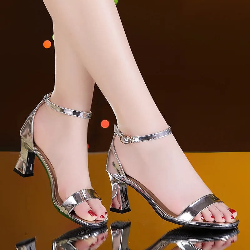 

9634 Hipster High-heeled Sandals Women's New Style Simple Versatile Chunky-Heel-A-line with Net Red Celebrity Style High Heel Sh