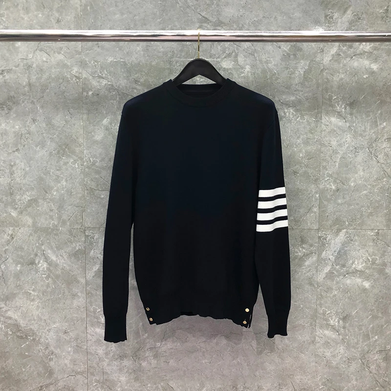 

TB THOM Sweater Autunm Winter Men's Sweaters Fashion Brand Coats Classic Cotton 4-Bar Stripes Crewneck Pullover Navy TB Sweaters