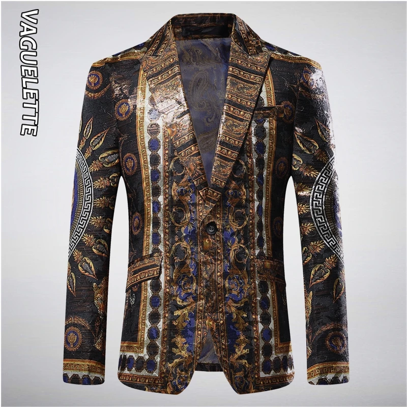 VAGUELETTE Золотой блейзер для мужчин Медуза шаблон напечатанный роскошный сценический пиджак для мужчин Slim Fit Свадебная вечеринка ночной клуб одежда пальто