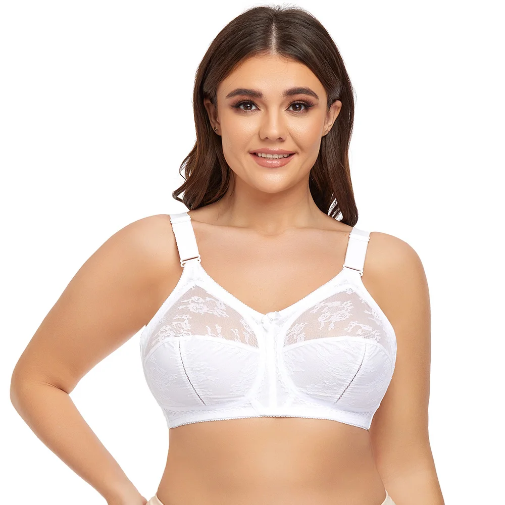 Women Bra Unlined White Plus Size Lace Bra Full Coverage Ultra Thin Wireless Adjusted-straps Big Minimizer Bras D E F G H I