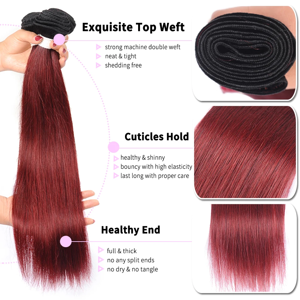 Pinshair T1B/99J красный бордовый цвет прямые человеческие волосы пряди с закрытием
