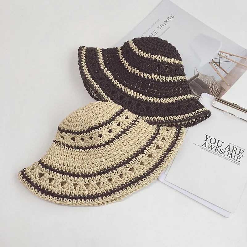 

Summer Entirely Handmade Weaving Parent And Child Stripes Fisherman Hat College Style Large Brimmed Children Cool Bucket Hat Ver
