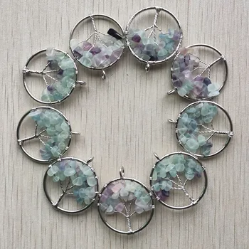 

Wholesale 12pcs/lot Tree Of Life Pendants Fashion Natural Color Fluorite Handmade Wire Wrapped Pendants 30mm For Jewelry Marking