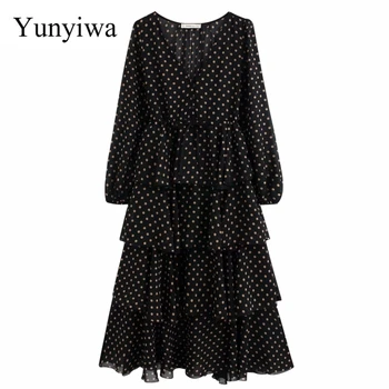 

2020 women vintage v neck polka dot print cascading ruffles midi dress female long sleeve bow vestidos chic party dresses