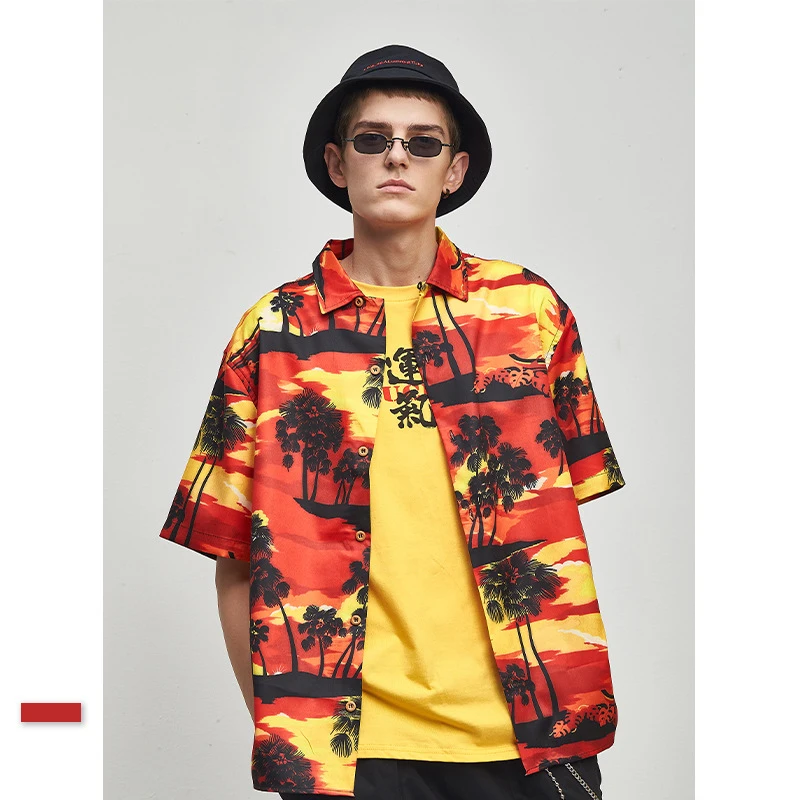 

Summer New European And American Tide Brand Under The Tree Sunset Digital Printing Loose Lapel Men's Shirt