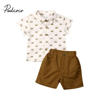 

Pudcoco Gentleman Clothes Set 2020 Baby Boys Summer Suit Wedding Crown Full Print T-Shirt + Shorts Elastic Wasit Pants Outfits
