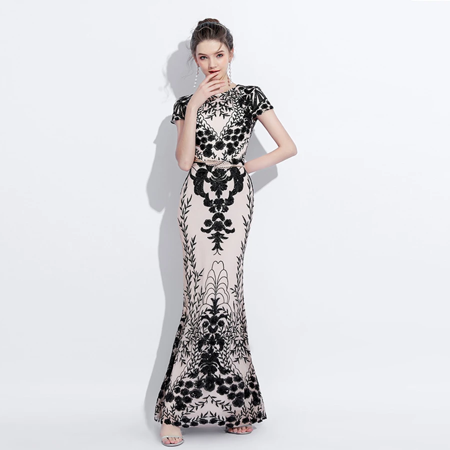 Vestido de festa longo Short Sleeves Embroidered sequins Flowers Decoration Tulle Mermaid Sexy Long Fishtail Evening Dresses