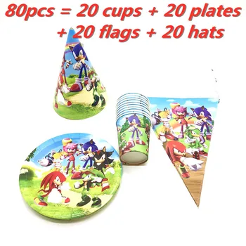 

40/80 pcs Sonic the Hedgehog Birthday Party Supplies Cup Plate Flags Baby Shower Cartoon Theme Kids Favor superhero Party Decor