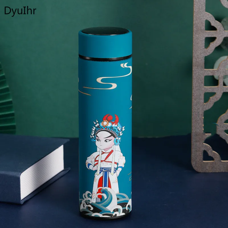 

DyuIhr 500ml Chinese style smart vacuum flask frosted art To make tea stainless steel cup Chinese opera pattern water cup