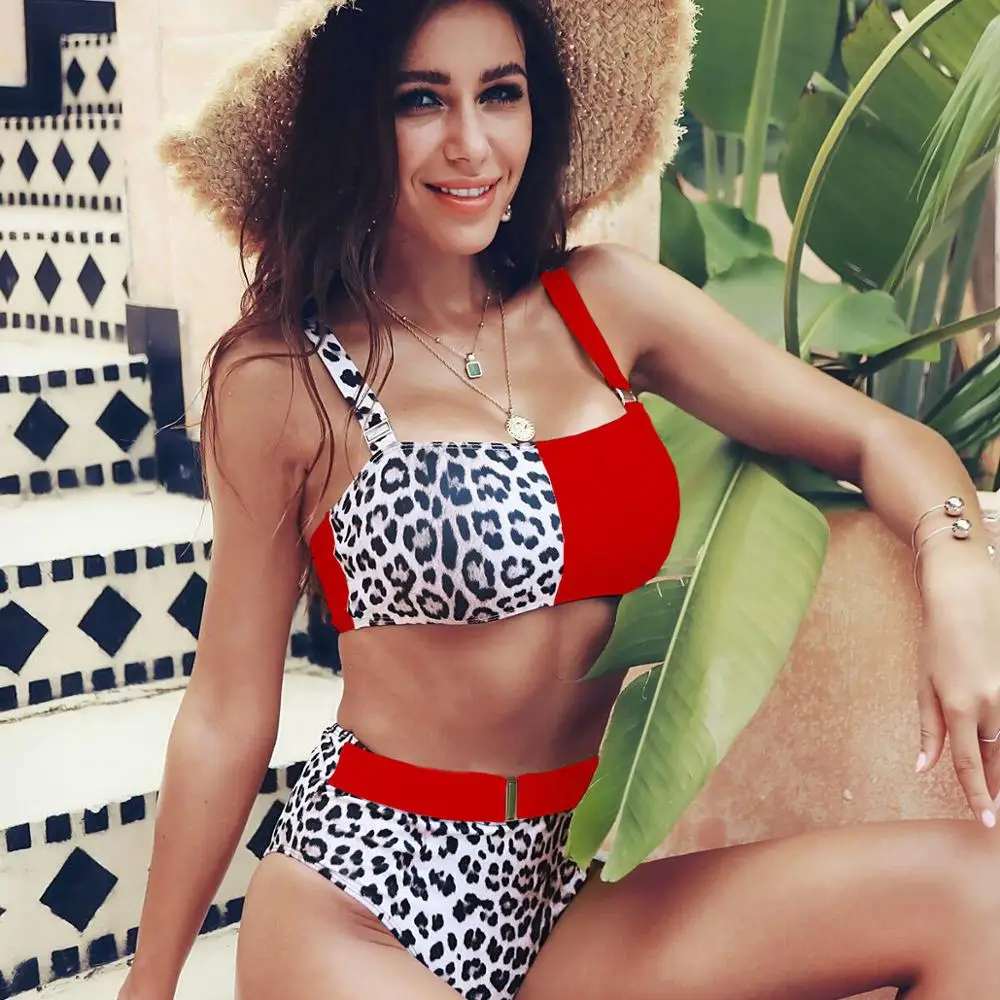 

RXRXCOCO Leopard Stitching Swimsuit Female High Waist Swimwear Sexy Brazilian Swimming Suit Women Bikini 2019 Maillot De Bain