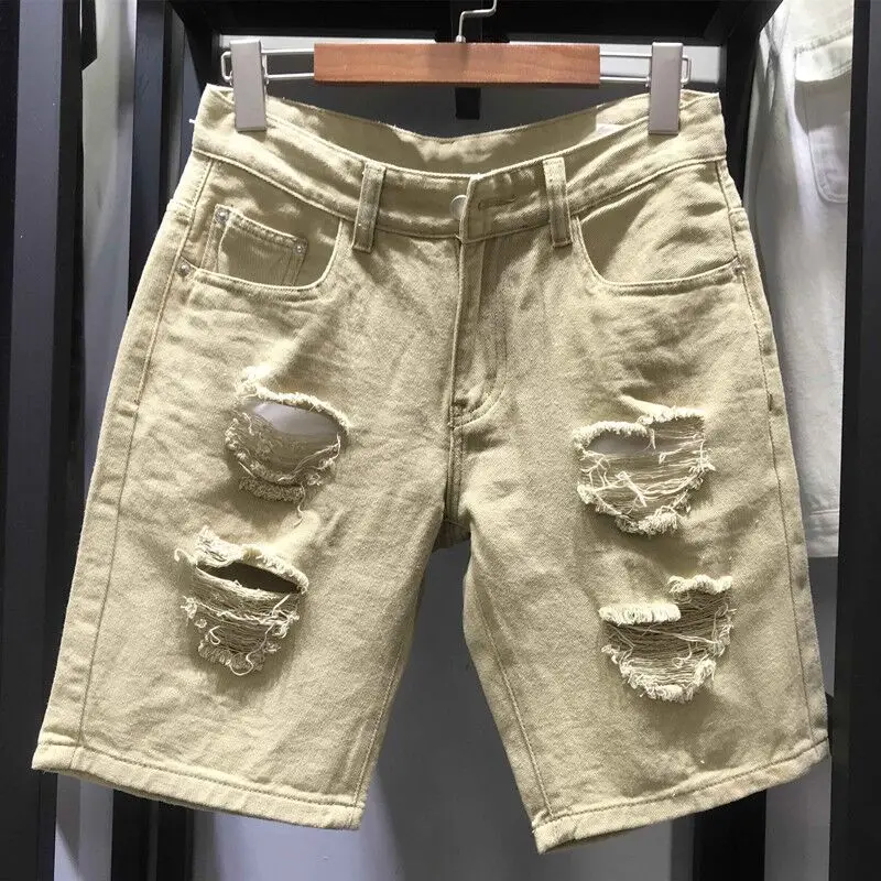 Summer white & black &Khaki Men Ripped Loose Straight Jeans Short Fashion Hip hop Bermuda Holes Casual Denim Cargo shorts