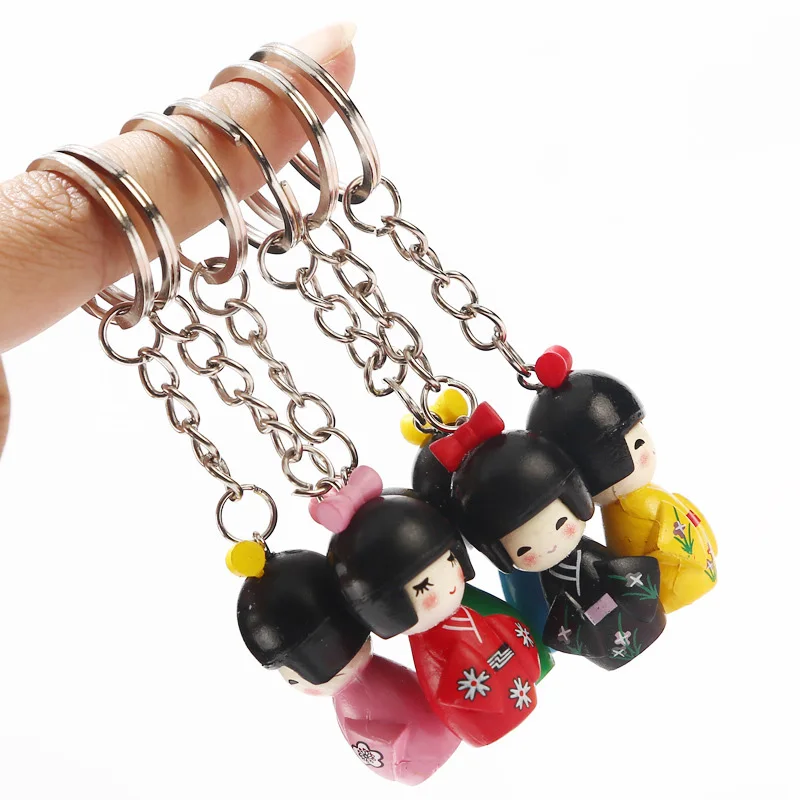 일본 KOKESHI 인형 열쇠 고리, 금속 열쇠 고리, 참 파티 선물, 24 개/로트