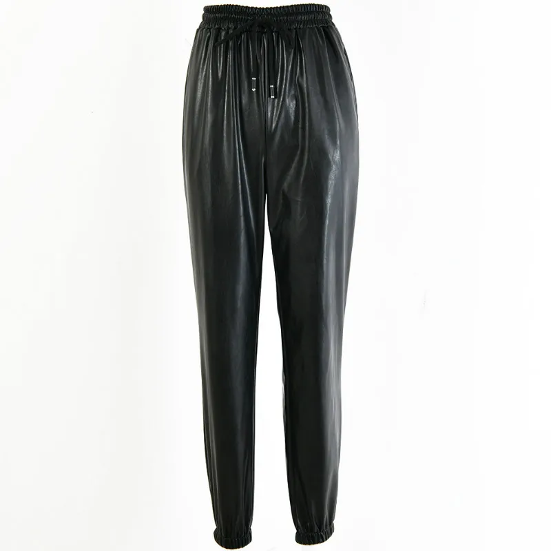 Модные женские брюки из искусственной кожи; уличные женские брюки-карандаш с эластичной резинкой на талии; осенние спортивные брюки с карманами на завязках; крутые брюки; GV109 - Цвет: Black