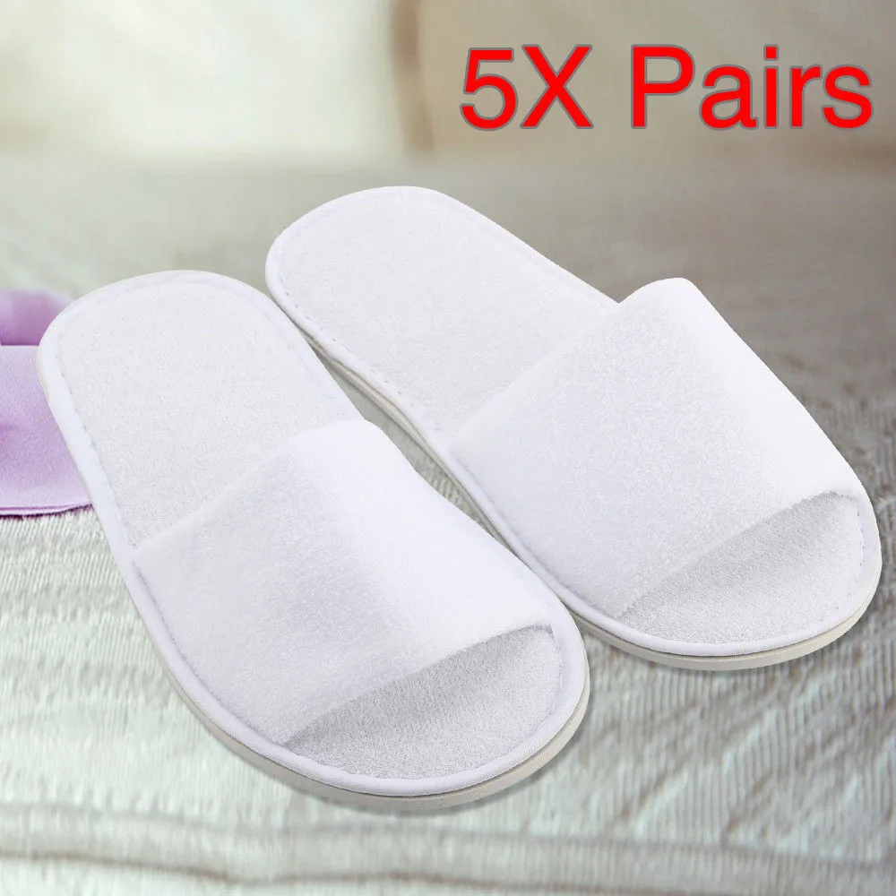 

5 Pairs Hotel Disposable slippers Spa Hotel Guest Slipper Open Toe Towelling Disposable Terry Style Breathable Soft White Shoes