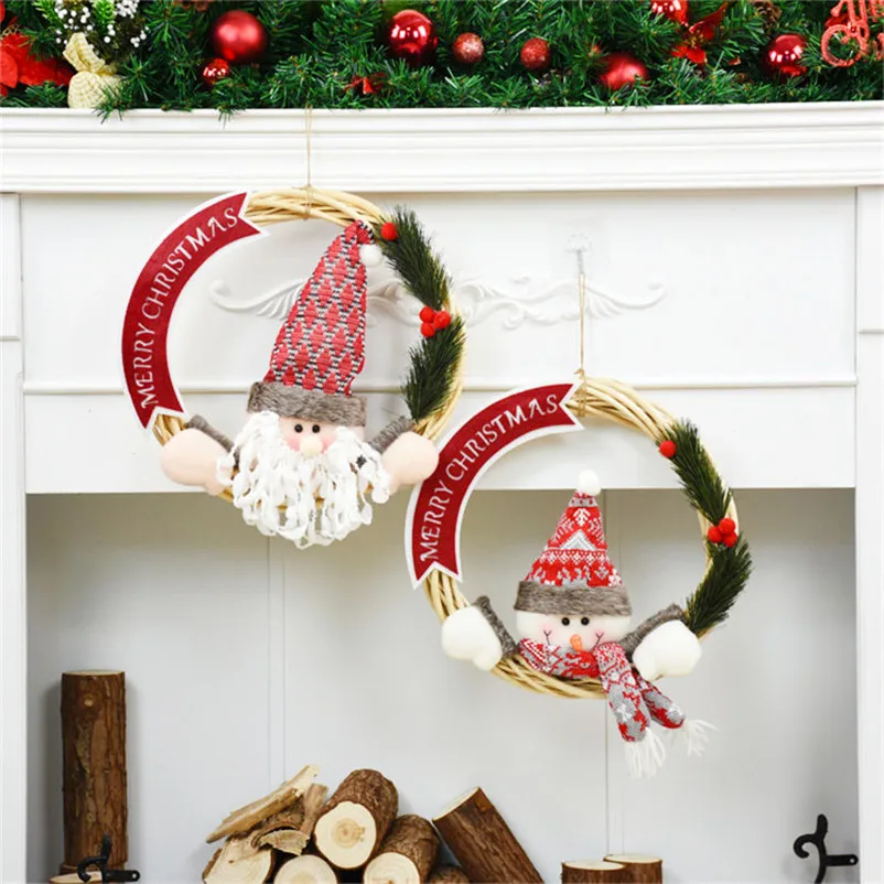 

2019 Home Decoration Accessories Christmas Wreath Xmas Tree Decoration Hanging Wood Rattan Garland with Santa Claus Snowman Doll
