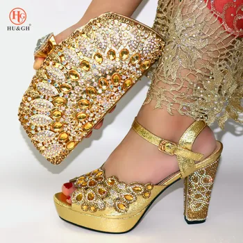 

Gold Italian Sandal Shoe with Matching Bags for Wedding Italy Rhinestone Women Shoe and Bag Set Nigerian Women Wedding Shoes Bag
