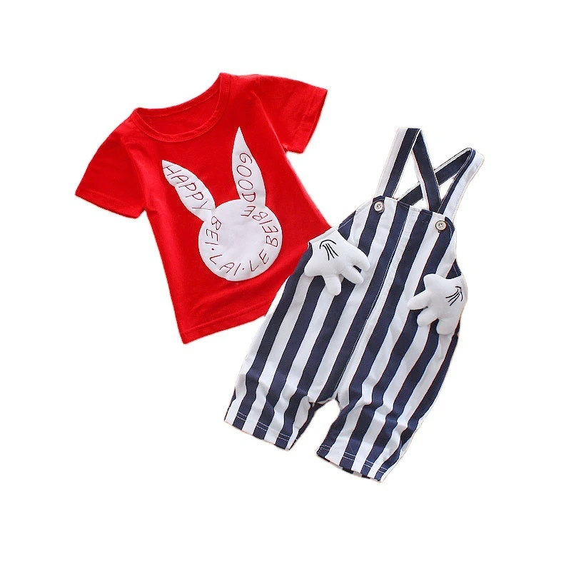 

Summer Children's Clothing Cute Boys Girls Casual T-Shirts Striped Overalls 2Pcs/Set Toddler Cartoon Cotton Kids Clothes Suits