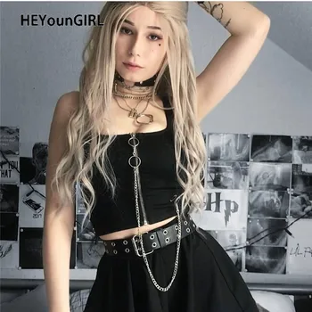 

HEYounGIRL Harajuku Punk Sleeveless Tank Tops Tees Black Casual Crop Top Women with Chains Gothic Zipper Summer Top Streetwear