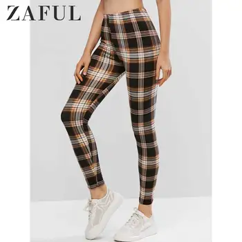 

ZAFUL Plaid Pull On High Waisted Leggings For Women Patterned One-Size Hit Color Pants Casual Newest Autumn Spring