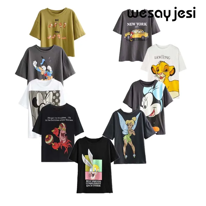 Летняя новая модная женская Футболка harajuku Корейская одежда уличная хлопковая Футболка с круглым вырезом и мультяшным принтом женские топы размера плюс