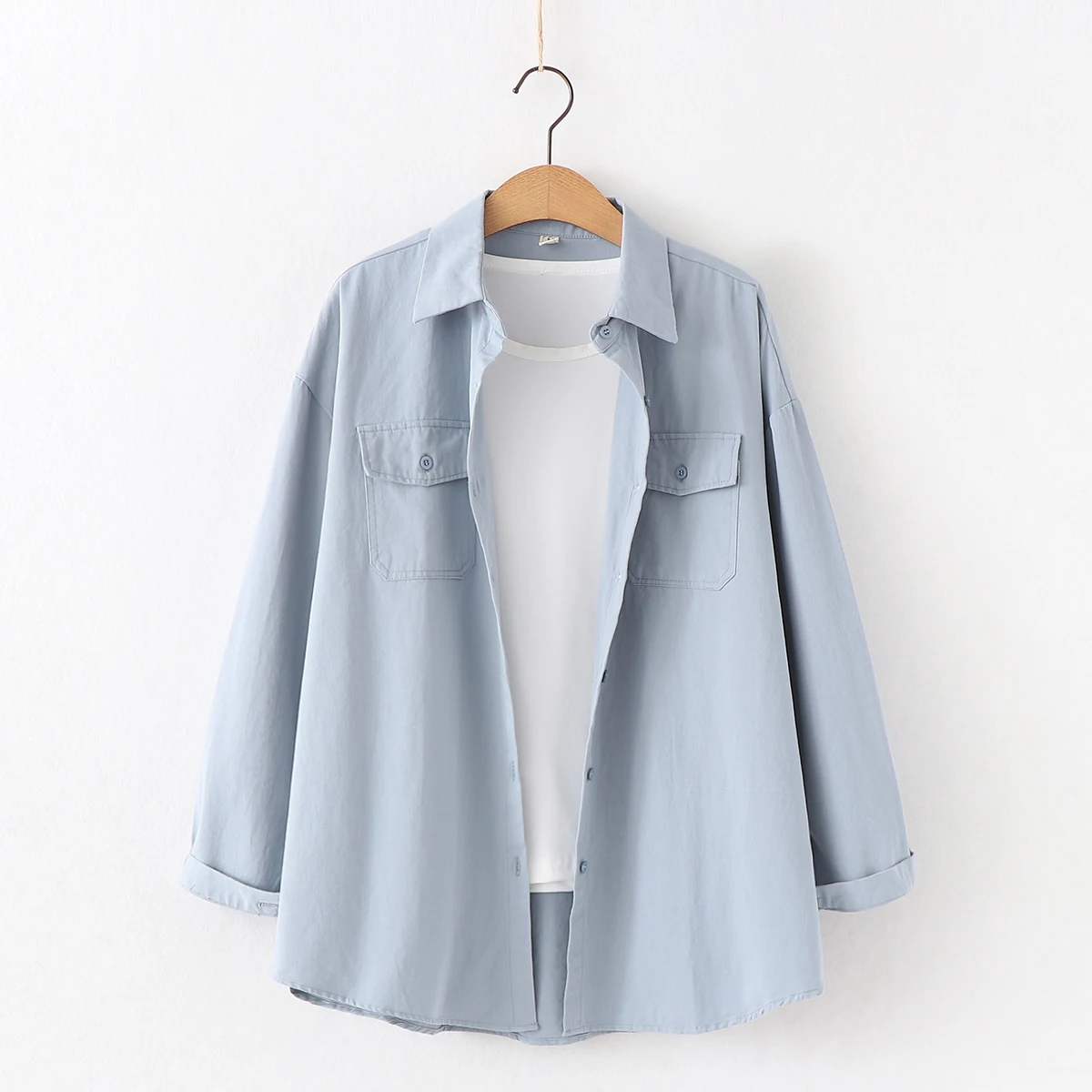 Fresh Simple Solid Color Loose Shirt Women Autumn New Woman Casual Long Sleeve Blouse Cotton Office Blouses Tops Blusas - Цвет: Синий