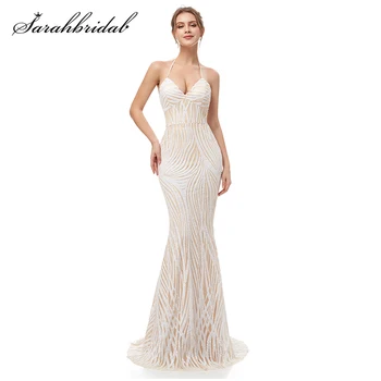 

Sexy Sequins Halter Mermaid Evening Dresses Long Dubai Sleeveless Backless Women Ivory Formal Party Gowns Robe De Soiree WT5288