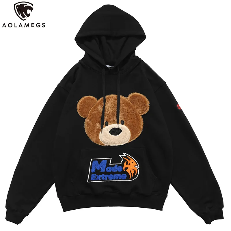 Aolamegs Hoodies Men Cartoon Furry Bear Letter Patch Harajuku Oversized Retro Hip Hop Hooded Pullover Men Sweatshirt Streetwear Aolamegs Hoodies Men Cartoon Furry Bear Letter Patch Harajuku Oversized Retro Hip Hop Hooded Pullover Men Sweatshirt Streetwear