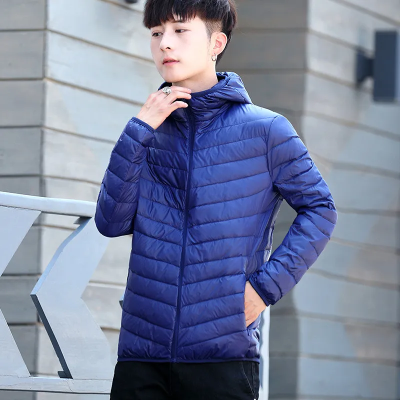 hooded navy Новые пуховики Зимние мужские тонкие и легкие белые пуховые Теплые повседневные пальто мужские s Стенд воротник/с капюшоном верхняя одежда плюс размер M-6XL - Цвет: hooded navy