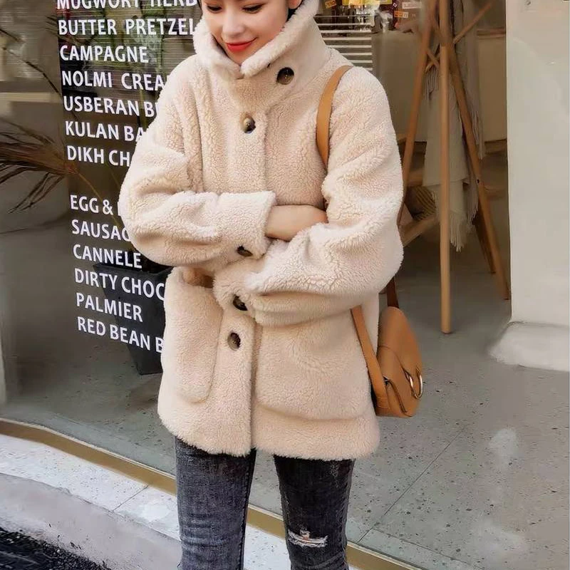 Heydress зимняя оторочка из овечьей шерсти куртка Женский белый гранулированный шерсть утепленная теплая Женская одежда свободный карман пальто