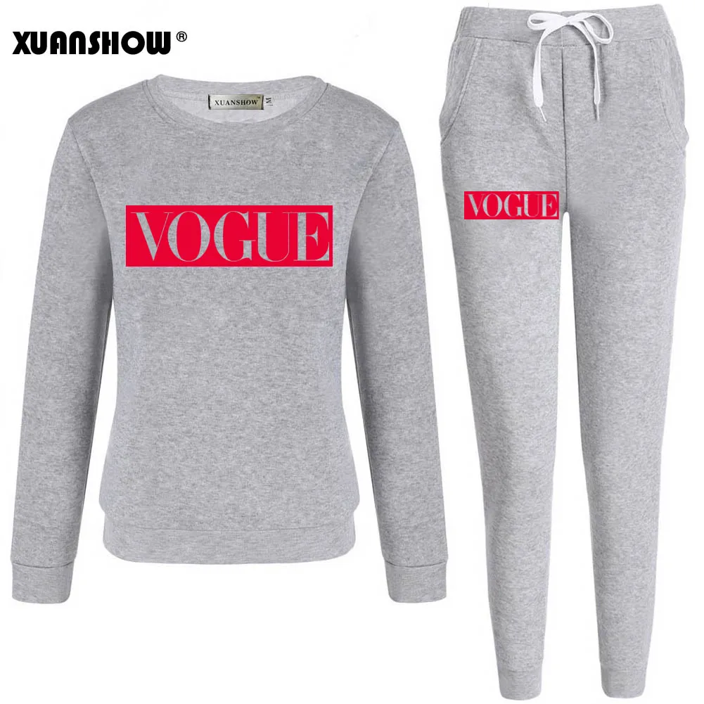 Gray and Rose XUANSHOW/ г., осенне-зимний женский костюм модная Флисовая теплая одежда с буквенным принтом и 0 вырезом толстовка+ длинные штаны, комплект из 2 предметов - Цвет: Gray and Rose