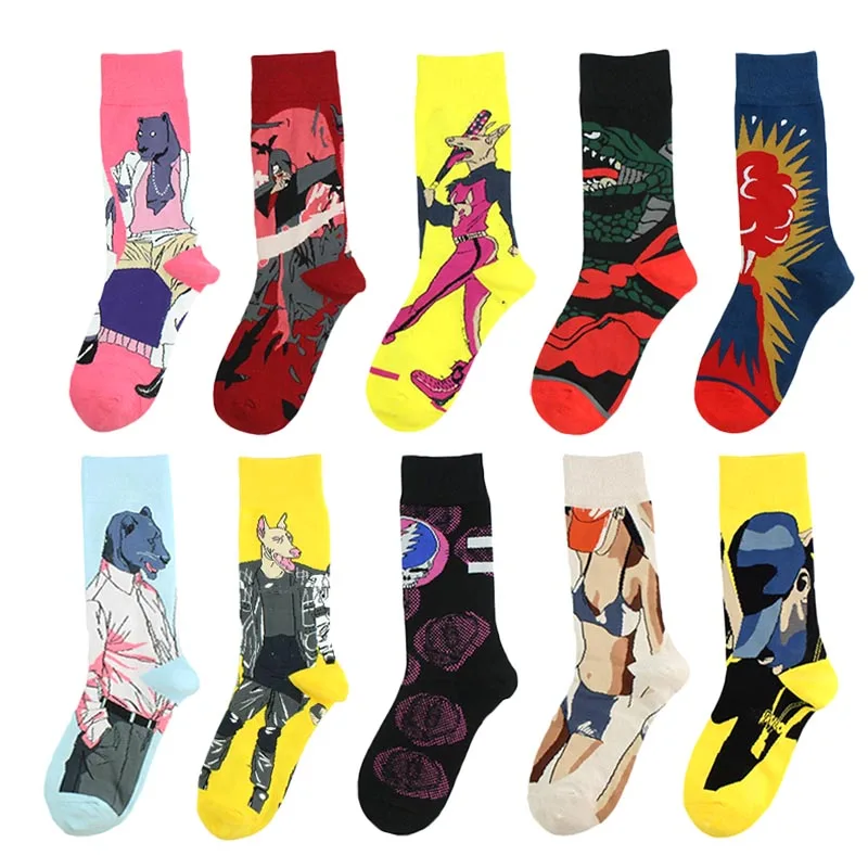 [HEPOSCKONE] красочные новинки искусства стиль хип хоп Calcetines Hombre Sox индивидуальность тренд Красивый Веселый мультяшный хлопок носки Harajuku