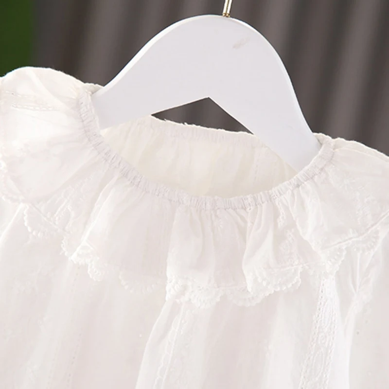 Рубашка для маленьких девочек, Повседневная Однотонная рубашка с длинными рукавами и кружевным воротником и цветочной вышивкой