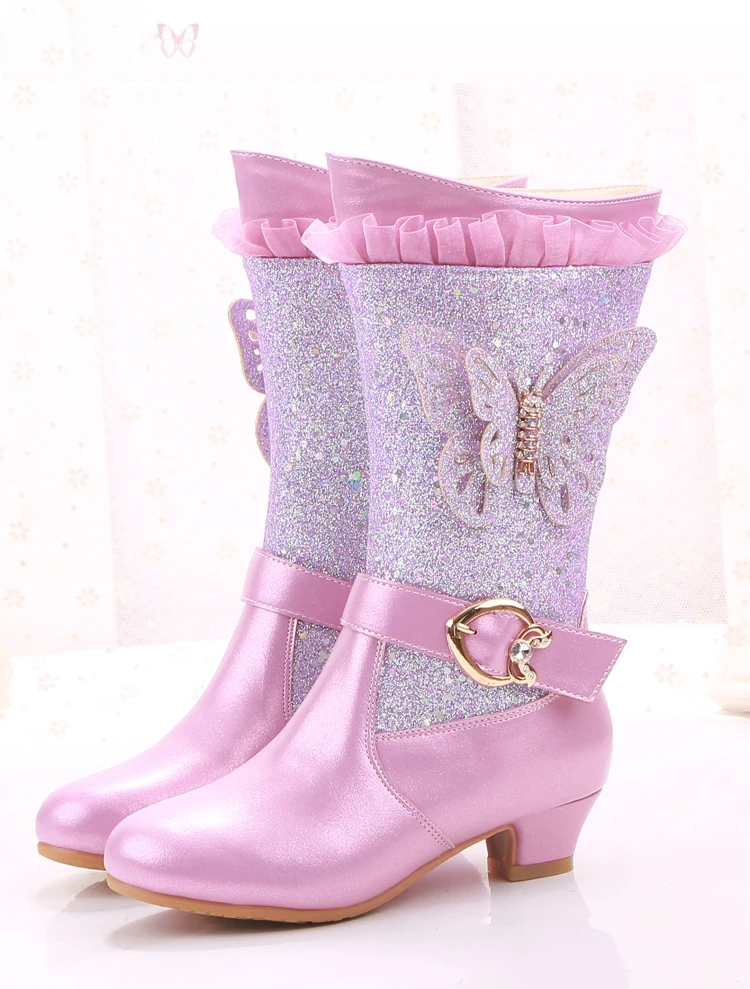 Сапоги "Принцесса" для девочек розового цвета с рисунком с блестками обувь для девочек на высоком каблуке осень-зима девочек Высокие сапоги из бархата с бабочкой для вечерние