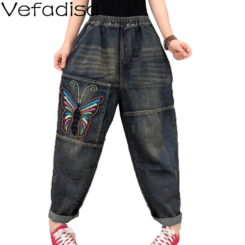 Vefadisa Animal Dog Butterfly Print Women Pants Embroidery Harem 2020 Spring Elastic Waist Denim Full Length QYF2368 | Женская одежда