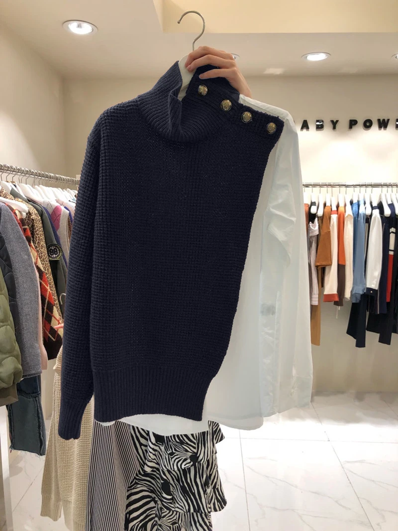 Осенне-зимняя рубашка с высоким воротником, комбинированный свитер, женский корейский большой и Модный трикотажный свитер с высоким воротом