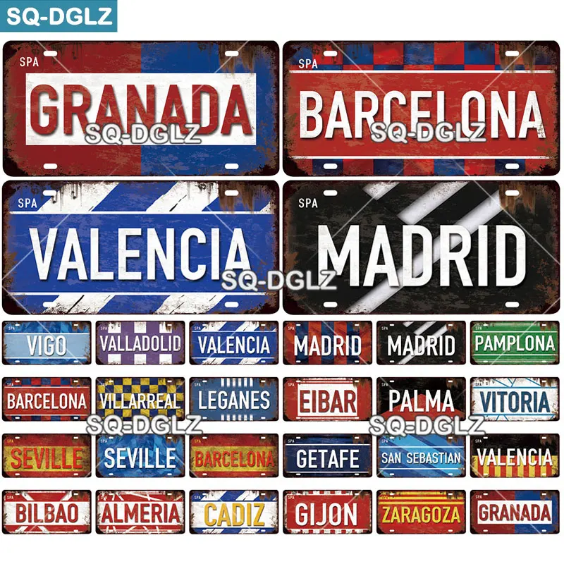 

[SQ-DGLZ] Spain City License Plate Metal Sign Vintage Plaque Tin Sign Wall Decor Bar Decor BARCELONA/MADRID/SEVILLE Flag Poster