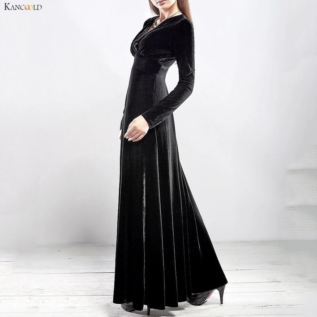 Koop KANCOOLD jurk Vrouwen Swing V hals Fluwelen Lange Mouwen Winter Jurk Lange Cocktail Party Korte mode nieuwe jurk vrouwen 2019Oct22
