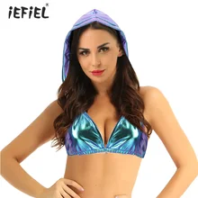 Iefiel, Женский Блестящий металлический бикини, купальник, топ, пляжная одежда, глубокий v-образный вырез, открытая спина, с капюшоном, бюстье, для танцев, бюстгальтер, топ, вечерние, клубная одежда