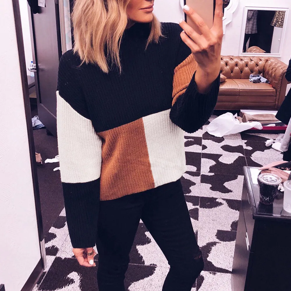 

Women Colorblock Stand Long Sleeve Knitted Sweater Jumper Pullover Top Blouse