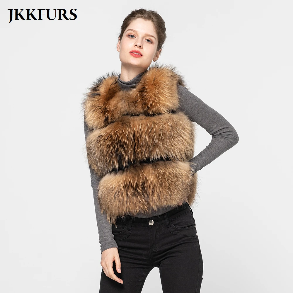 JKKFURS Модный стильный женский жилет из натурального меха енота Зимний толстый теплый модный жилет 3 ряда S1150B