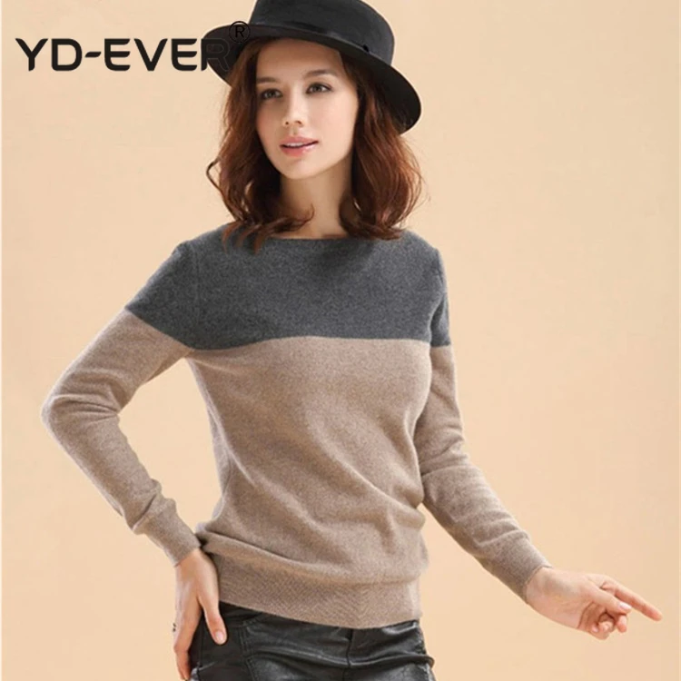 Women sweater cashmere knit pullover new fashion winter oneck grey+camel color patchwork sweaters for ladies tops wool jumpers | Женская