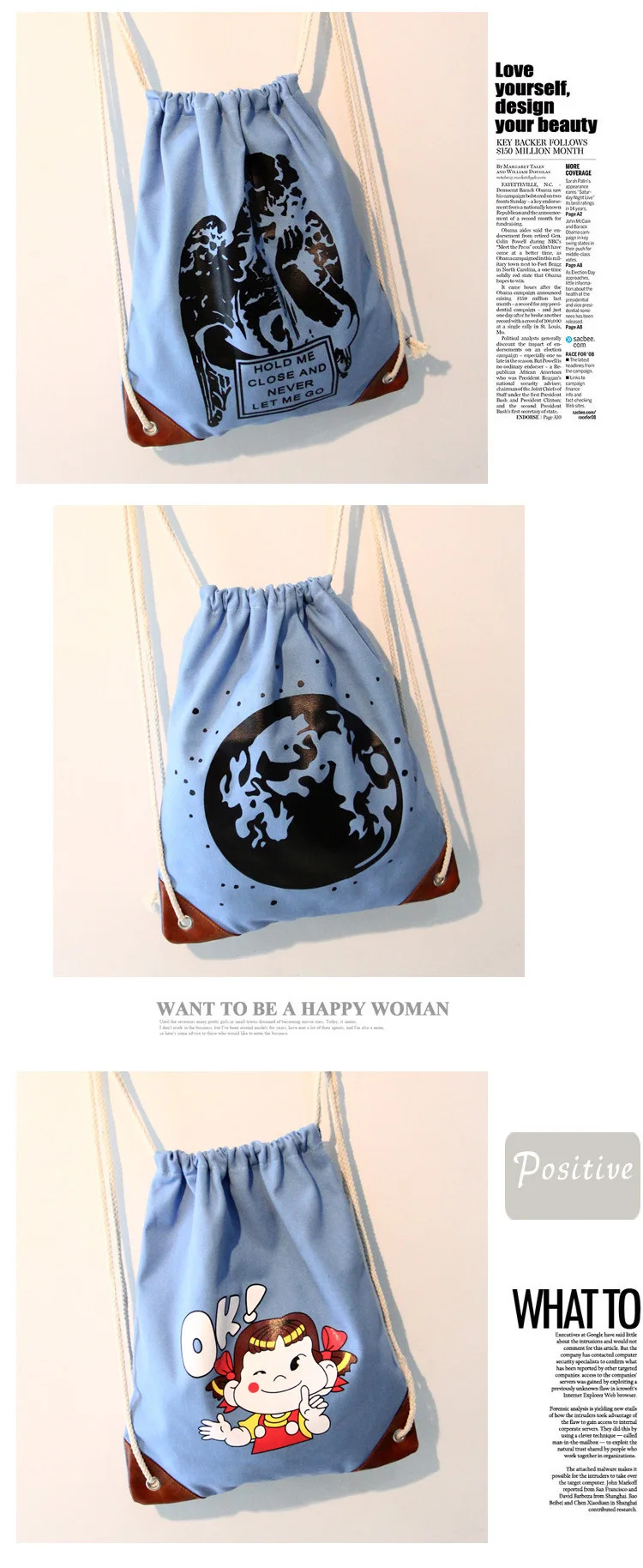 Для женщин Drawstring рюкзак, сумка для покупок из хлопка парусиновая спортивная сумка для путешествий Карманный чехол Worek plecak Sznurek Sacos De Mujer; большие размеры