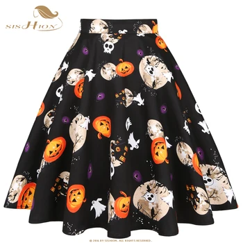 

SISHION Summer Flare A Line Skirts Womens faldas VD0020 Black Skull Pumpkin Printed Vintage Cotton Halloween Party Women Skirt