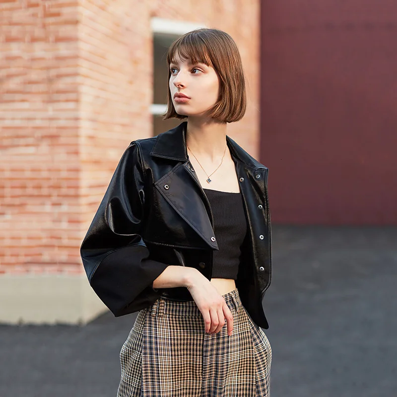 buy  [EAM] Loose Fit Black Asymmetrical Pu Leather Jacket New Lapel Long Sleeve Women Coat Fashion Tide 