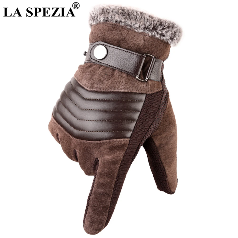 LA SPEZIA Brown Mens Leather Gloves Real Pigskin Russia Winter Gloves Warm Thick Driving Skiing Men's Guantes Luvas