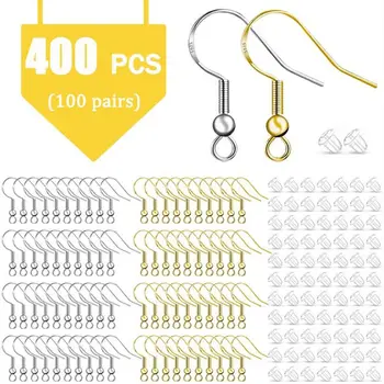 

200Pcs 925 Fish Earring Hooks Hypo-allergenic Earwires Jewelry Making with 200 PCS Silicone Earring Backs